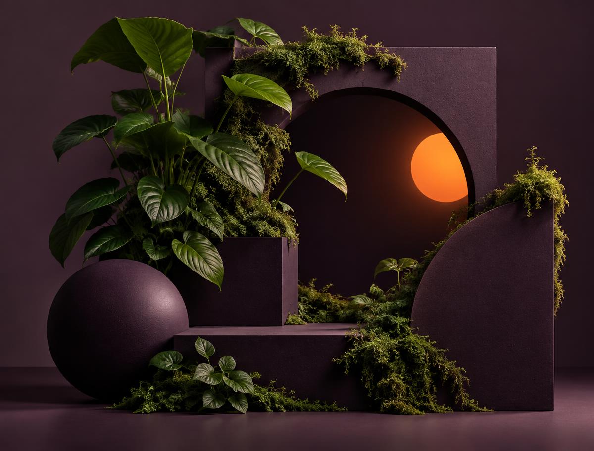 Green plants growing over dark sculptural forms