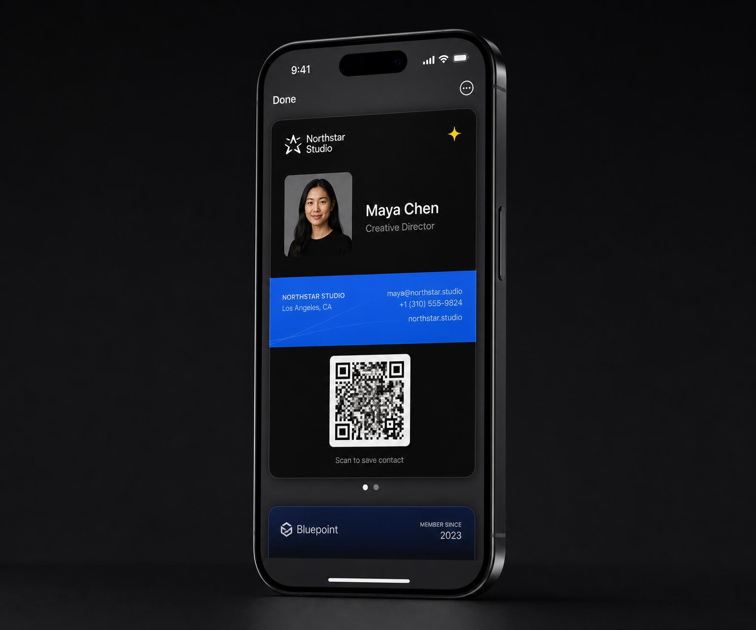 NFC business card beside a phone adding a digital card to its wallet